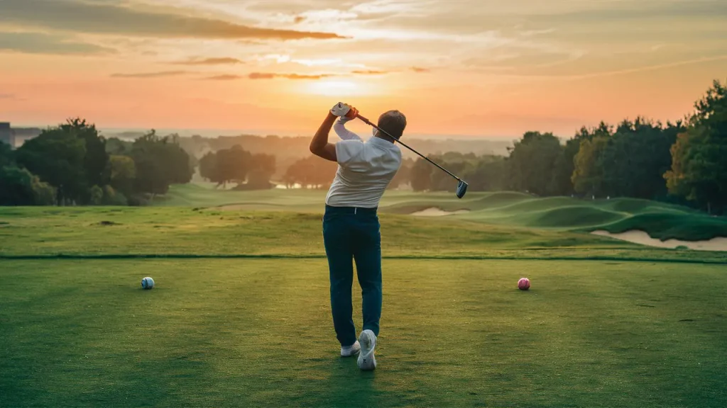 Jugador de golf realizando un swing al atardecer como entrenamiento de resistencia